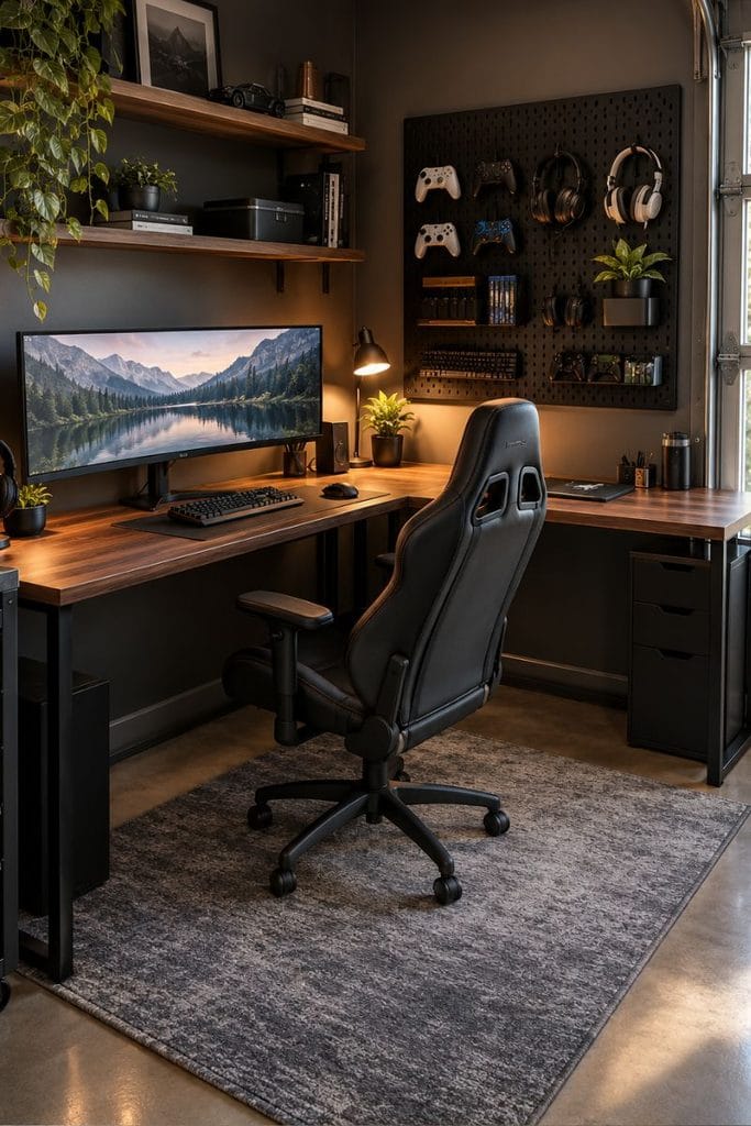 Compact gaming corner with walnut desk and pegboard in a man cave garage