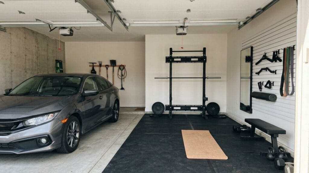 Half garage gym ideas showing a parked car on one side and a rubber-matted home gym on the other