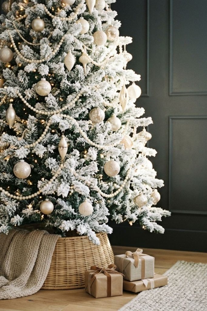  Flocked Christmas tree decorating idea with ivory pearl garland and champagne ornaments