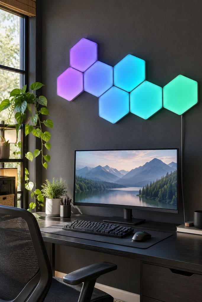 Hexagon LED wall panels on a charcoal wall in a modern game room