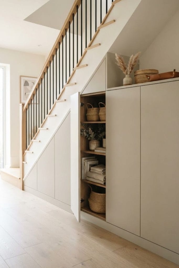 Flush push-to-open doors painted greige under stairs, a hidden under stairs storage idea