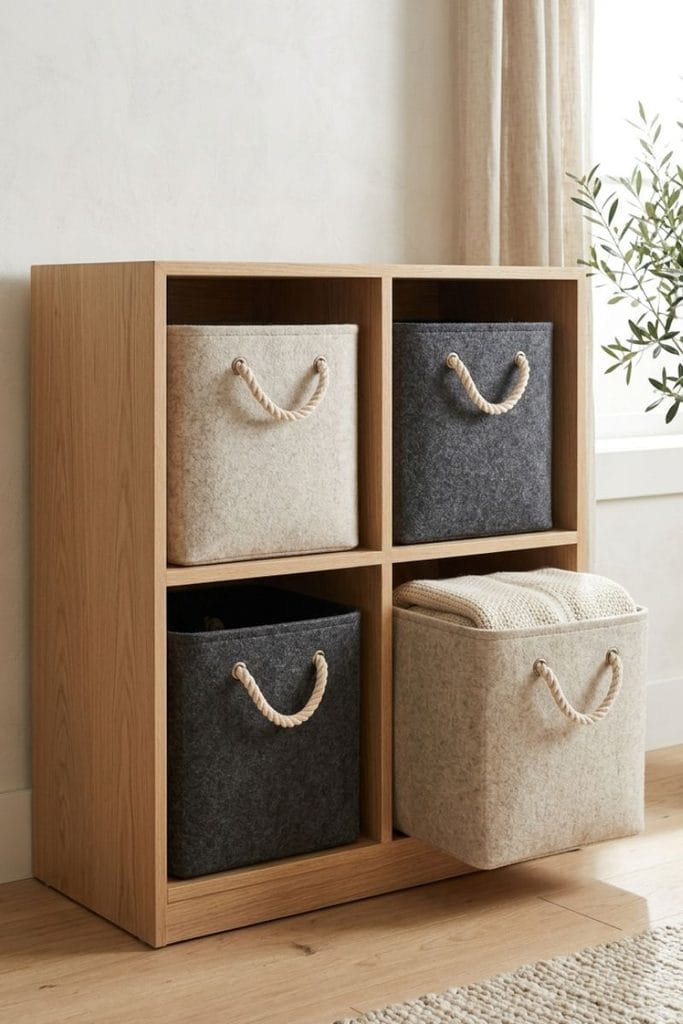 Cube shelf with felt bins holding folded throws, an easy blanket storage idea for family rooms