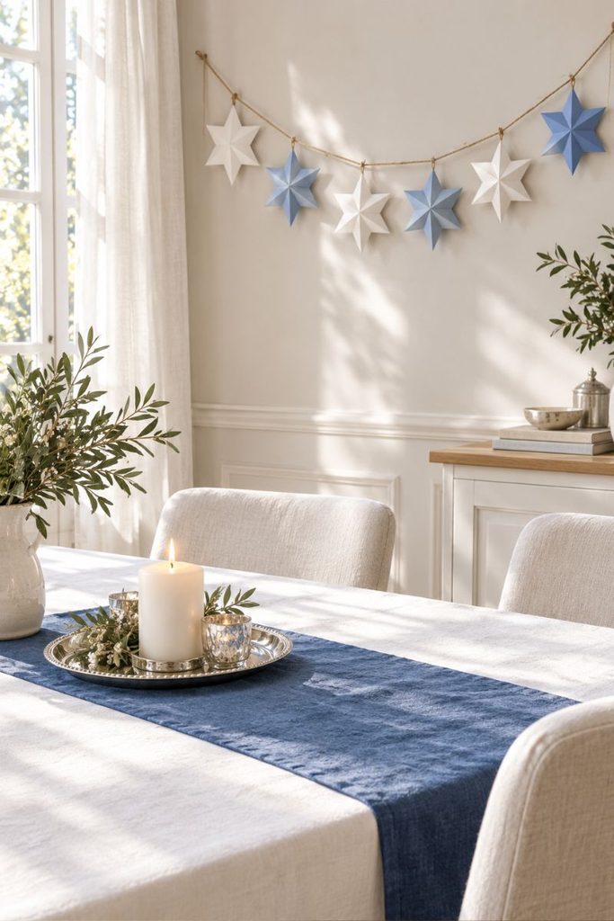 White and pale blue paper star garland on jute twine, DIY Hanukkah decor ideas