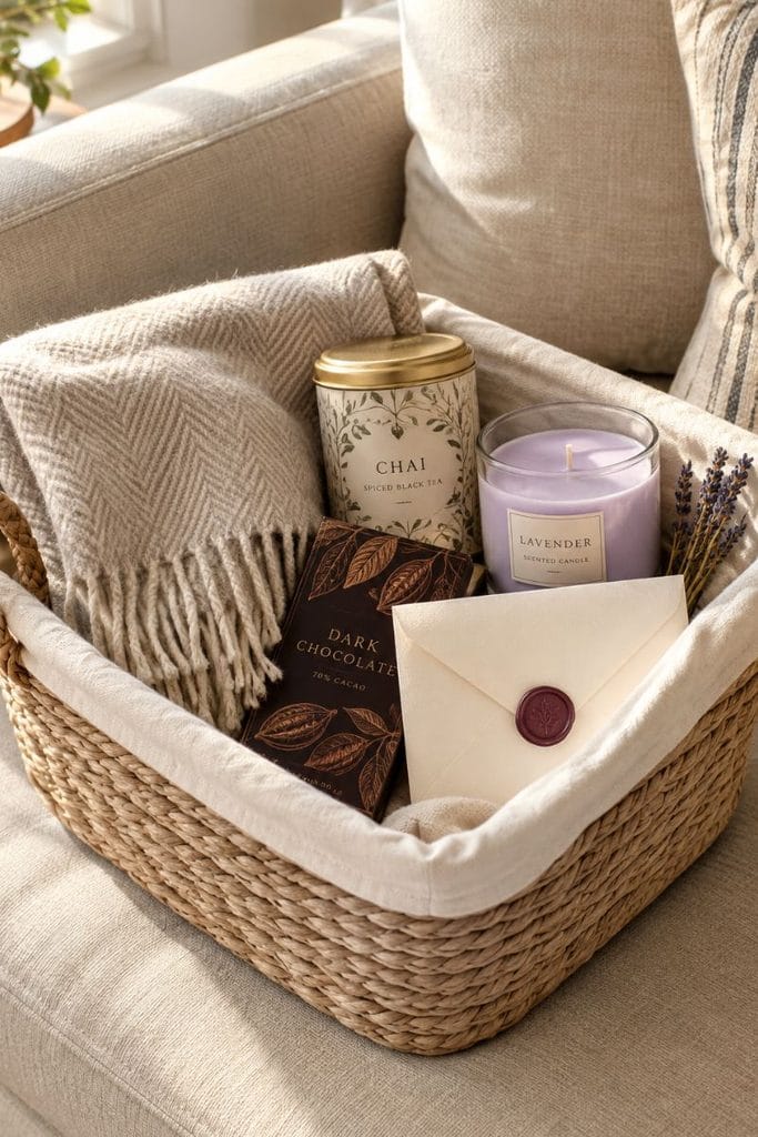 Boo basket ideas for wife with a cashmere throw, lavender candle and chai tin on a cream sofa