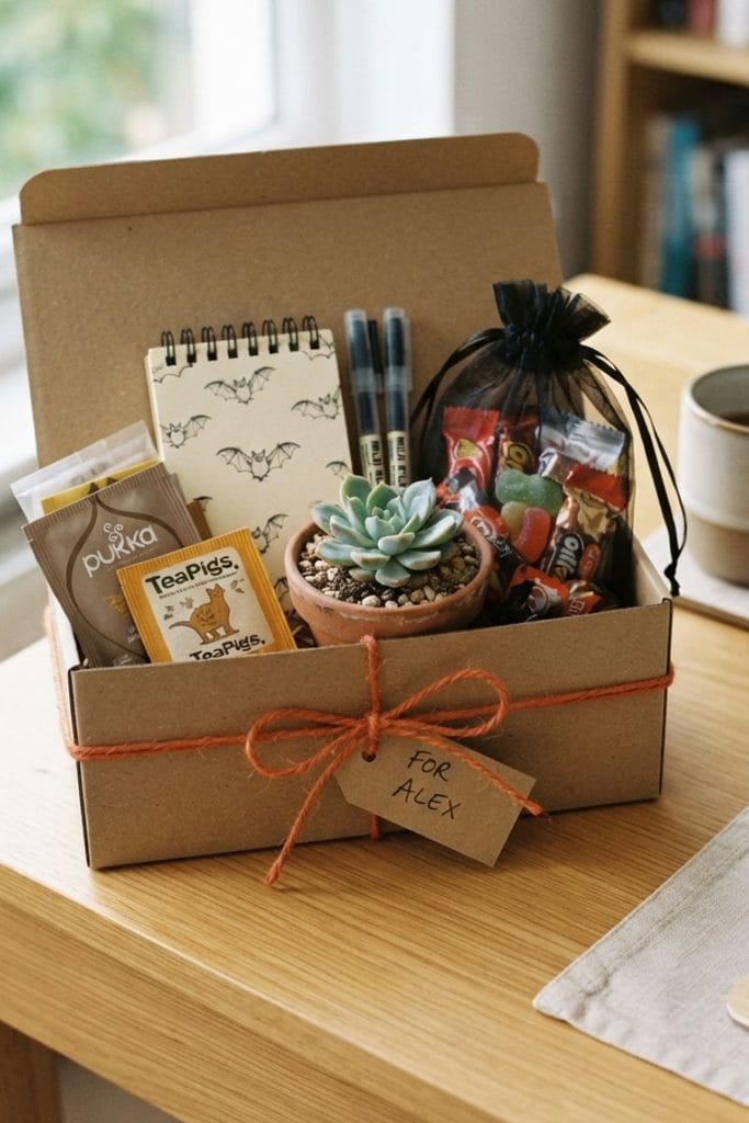 Boo basket ideas for coworkers in a kraft gift box with a succulent, tea bags and gel pens