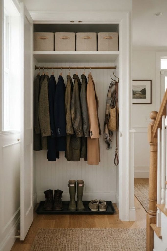 Double rod coat closet with brass hooks and a boot tray, practical under stairs storage ideas