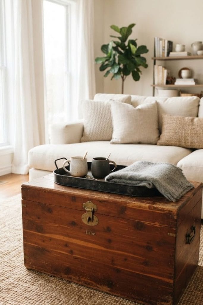 Vintage cedar chest coffee table in front of a cream sectional, a blanket storage idea for basements