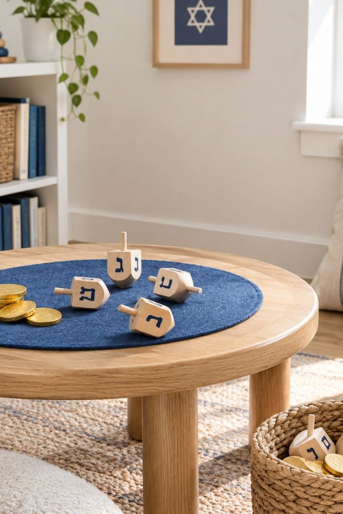 Low table with blue felt mat and wooden dreidels, a kid friendly Hanukkah decor ideas corner