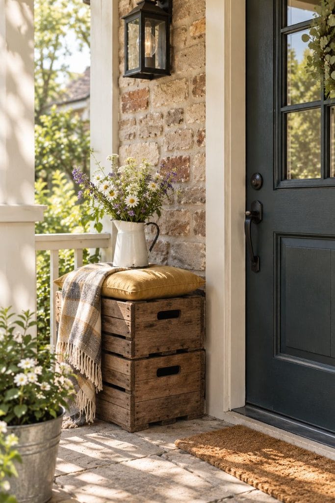 Small porch decor on a budget with stacked wooden crates, mustard cushion and enamel pitcher planter