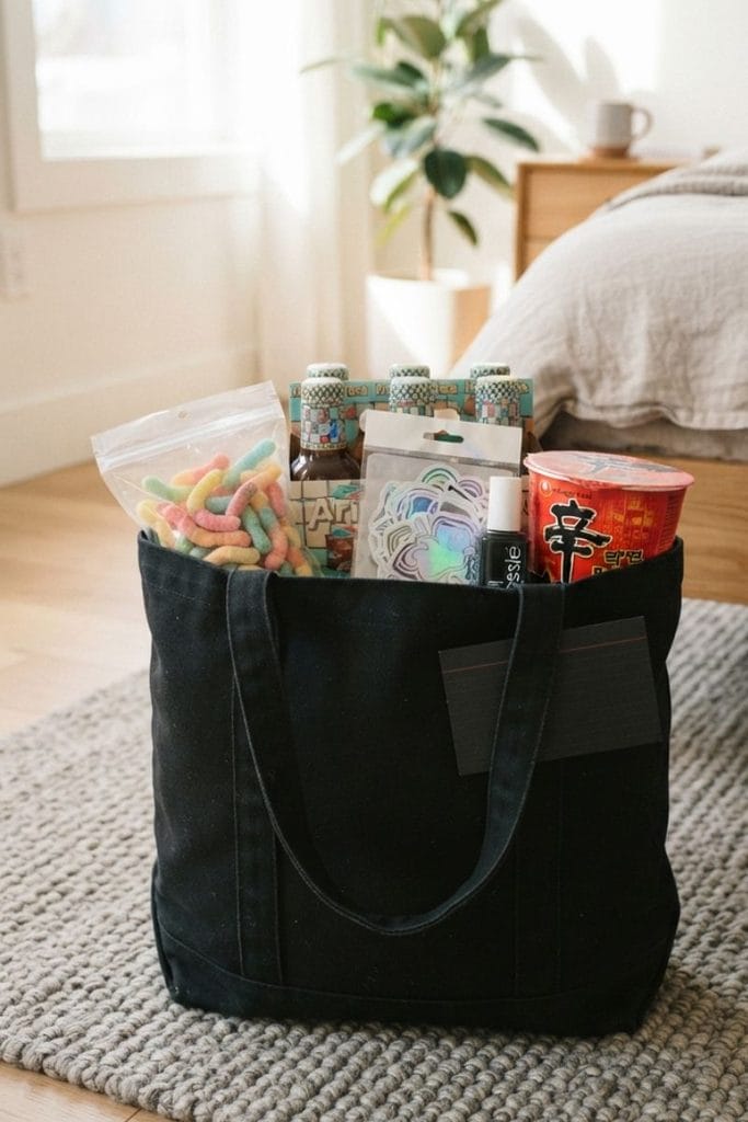 Boo basket ideas for teens in a black canvas tote with gummy worms, ramen and nail polish