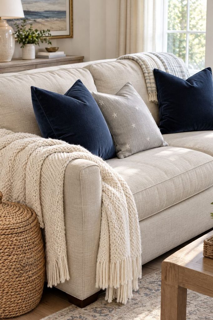 Beige sofa with navy velvet pillows and an ivory knit throw styled with Hanukkah decor ideas