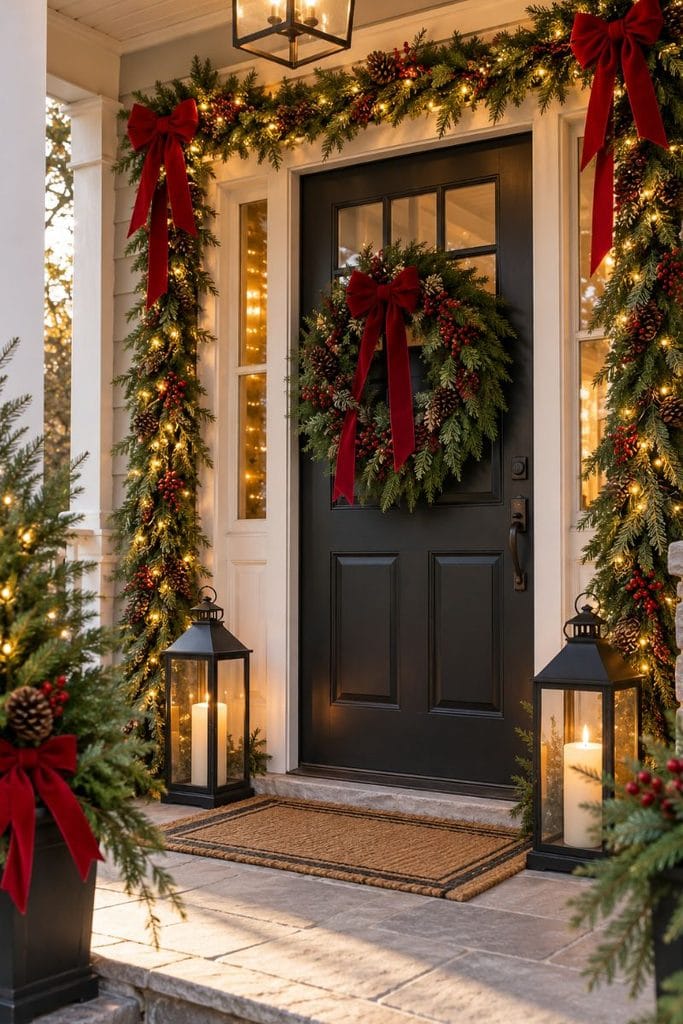 Small porch decor for Christmas with fir garland, red velvet bows and black lanterns with candles