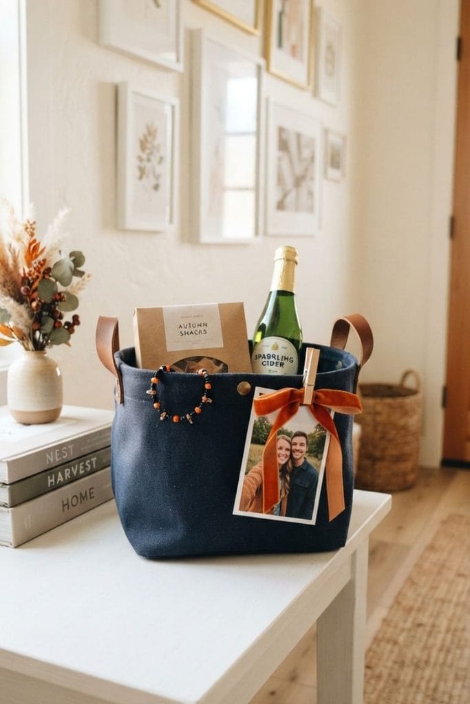 Boo basket ideas for best friend with a navy basket, beaded bracelet and a clipped photo