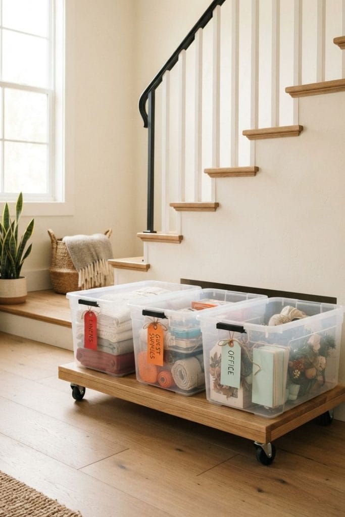 Rolling platform with three clear labeled bins storing seasonal decor under stairs