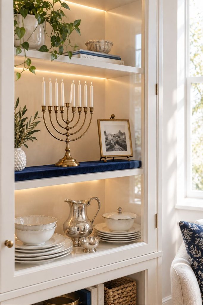 Glass cabinet with an heirloom menorah on navy velvet, a meaningful Hanukkah decor ideas display