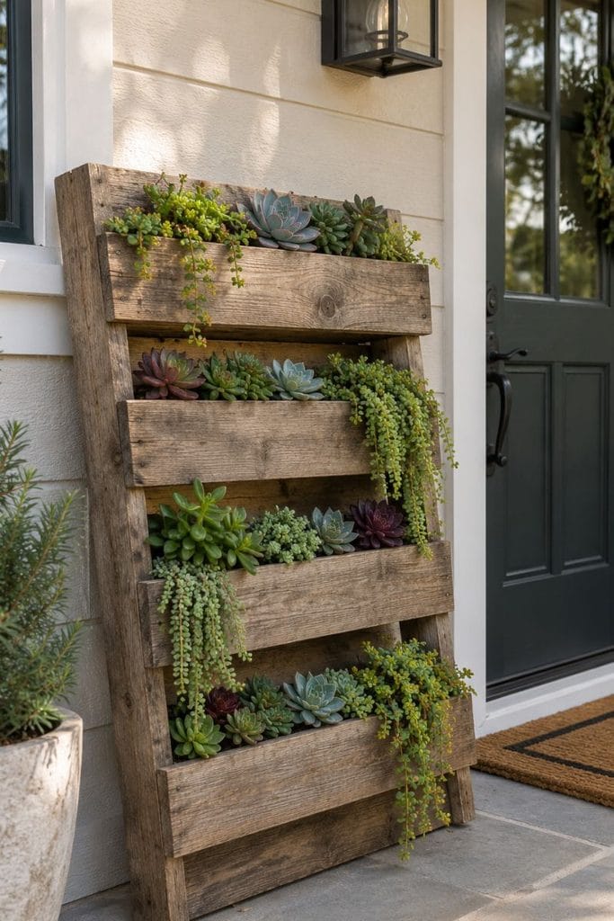 DIY small porch decor with a pallet planter full of succulents beside the front door