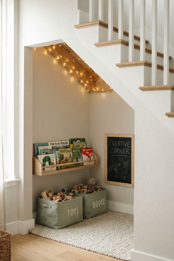Low sage canvas toy bins and a book shelf under stairs lit by warm fairy lights
