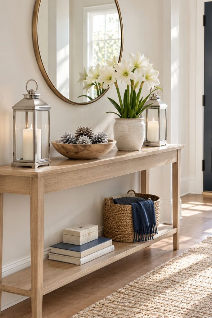 Slim entry console with silver lanterns and a round mirror, simple Hanukkah decor ideas