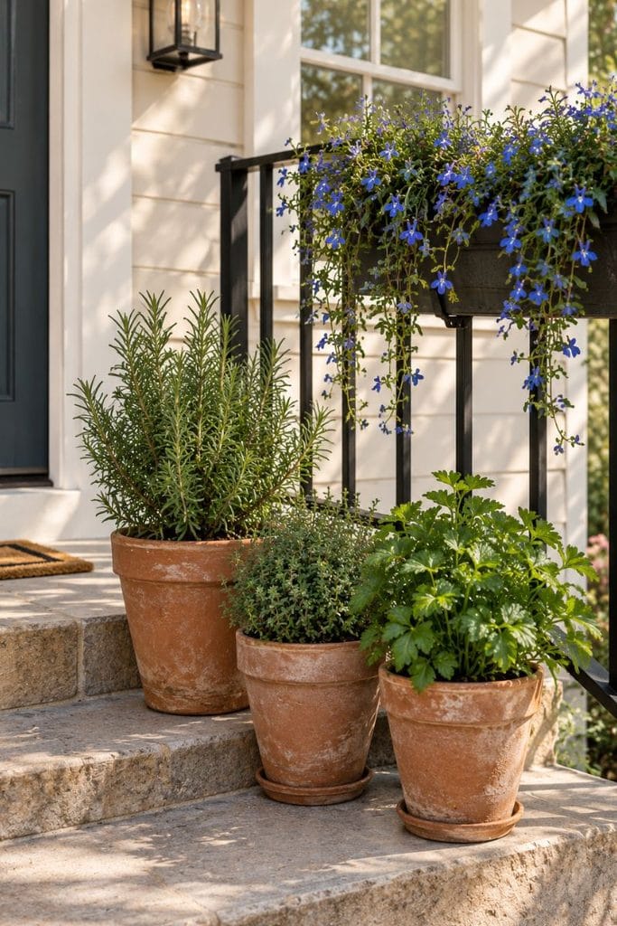 Small porch decor with plants, terracotta herb pots on steps and a blue lobelia window box