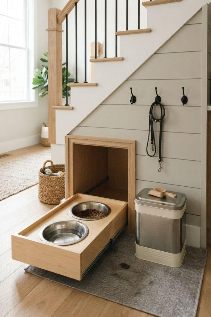 Pull-out pet feeding drawer with stainless bowls and a food bin tucked under stairs