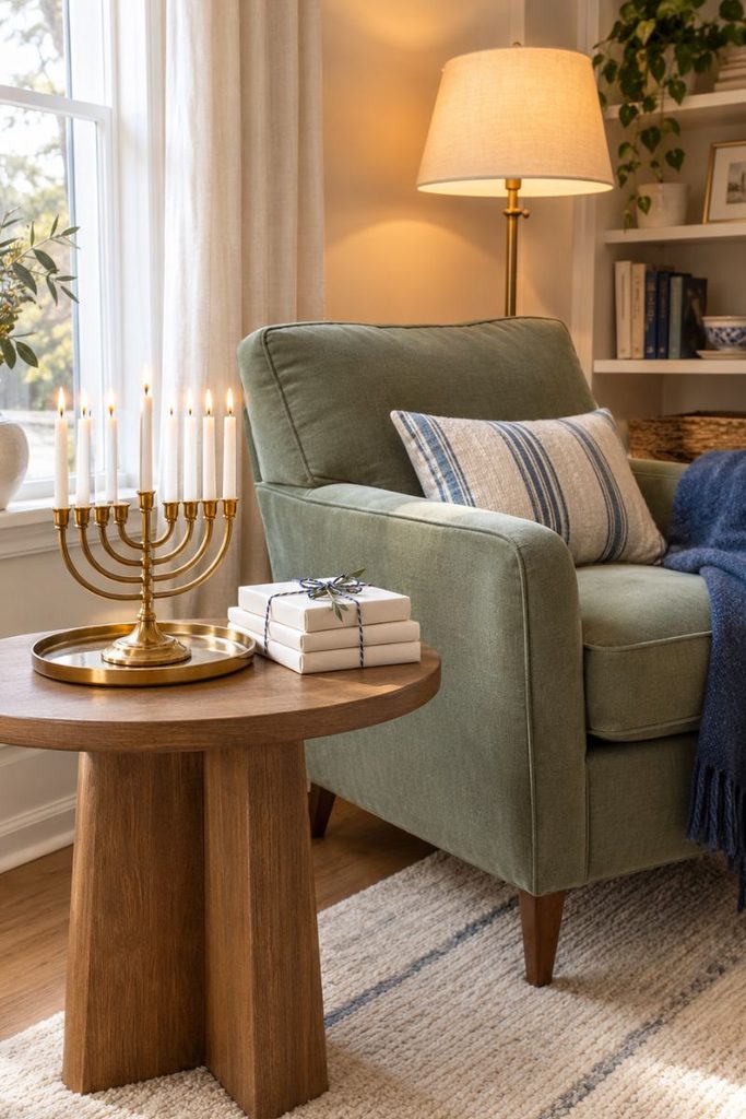 Armchair and side table with a menorah on a brass tray, cozy Hanukkah decor ideas corner