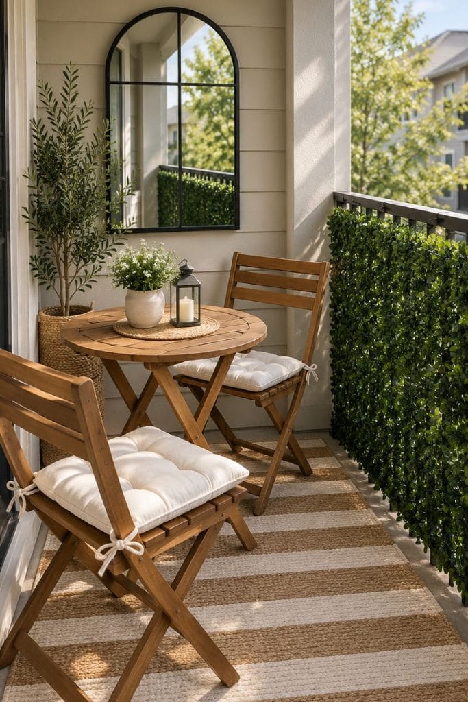mall porch decor for an apartment with a bistro set, striped rug, boxwood screen and arched mirror