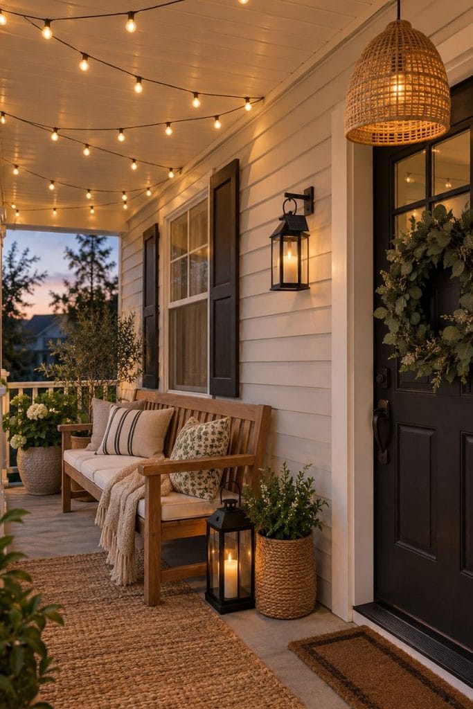 Small porch decor with warm string lights, a rattan pendant and black solar lantern at dusk