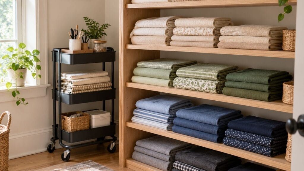 Folded fabric stacks on oak shelves, a cozy fabric storage ideas setup in a bright spare room