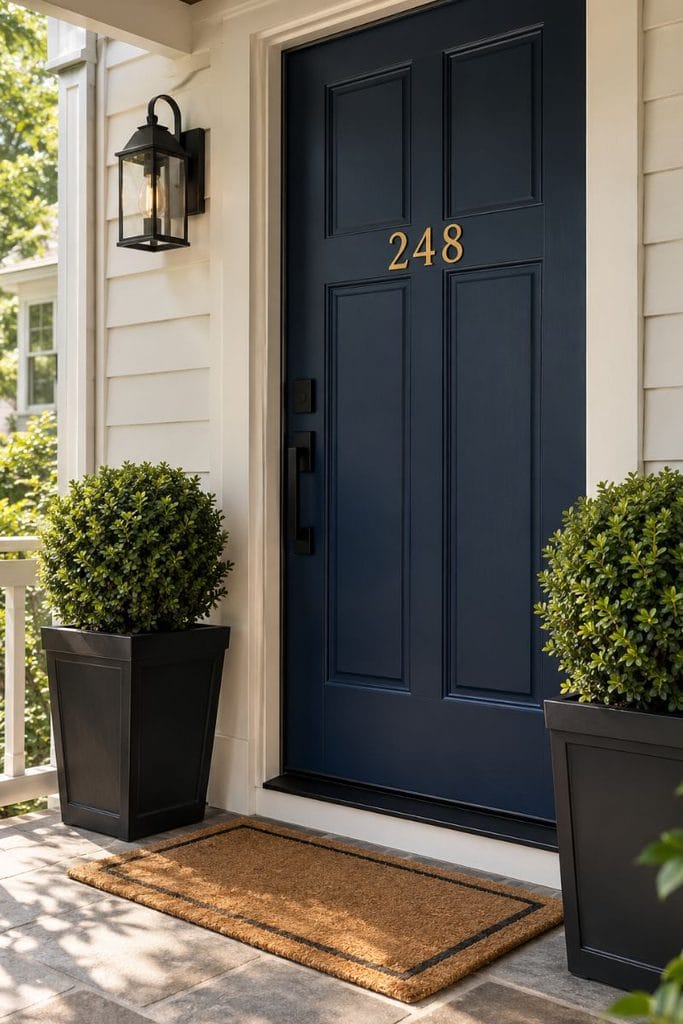 Small porch decor with a navy front door, brass house numbers and boxwood topiaries in black planters