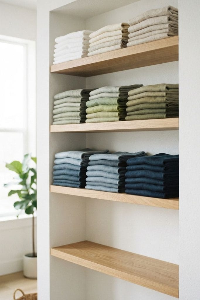 Oak shelves with folded fabric stacks sorted light to dark, one of the best fabric storage ideas