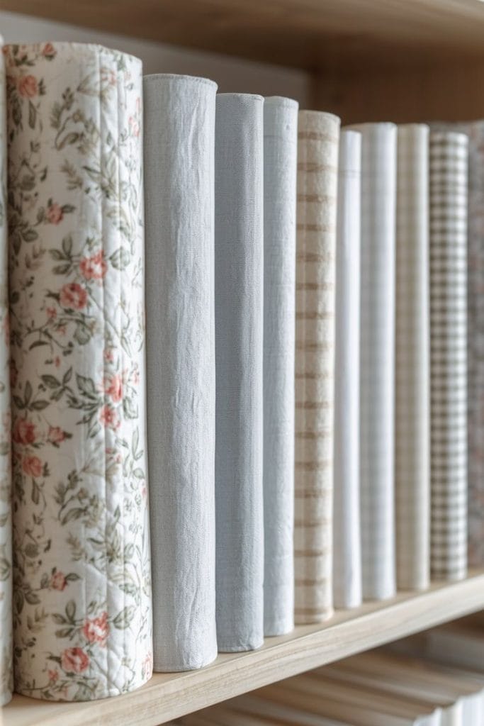 Quilting cotton wrapped on comic boards and shelved upright, a neat fabric storage ideas trick