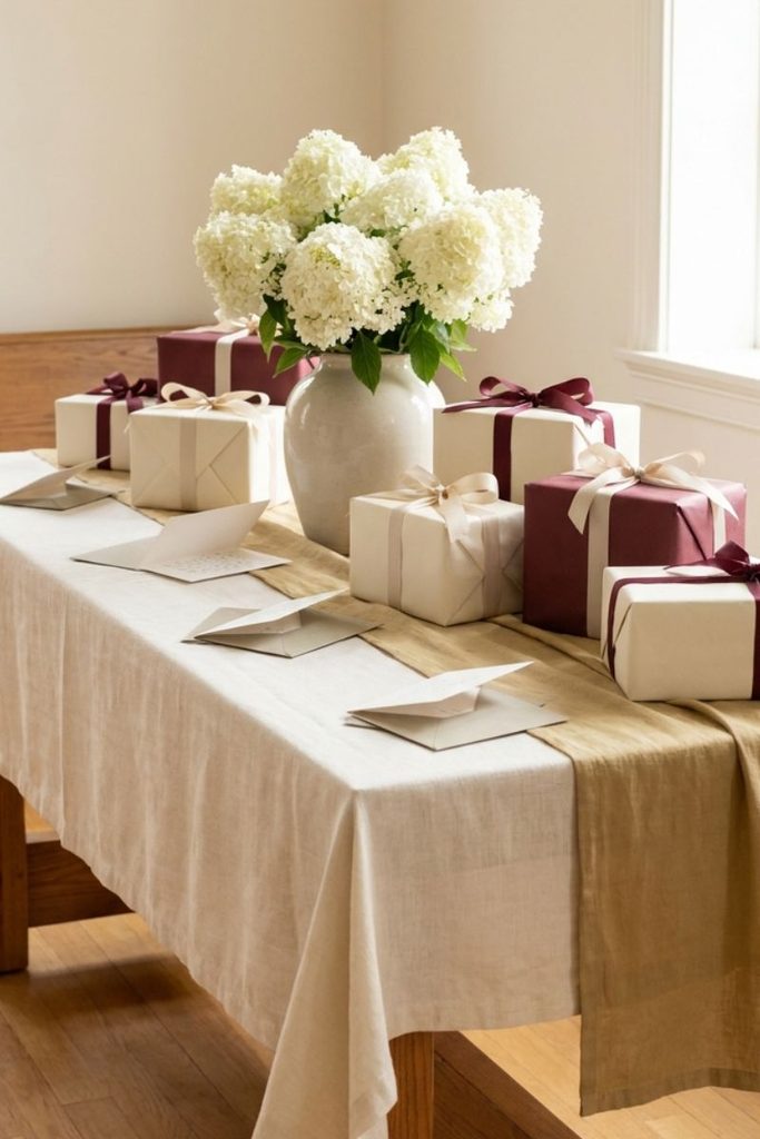 Pastor day decorations ideas for a gift table with cream linens, burgundy presents, and white flowers.