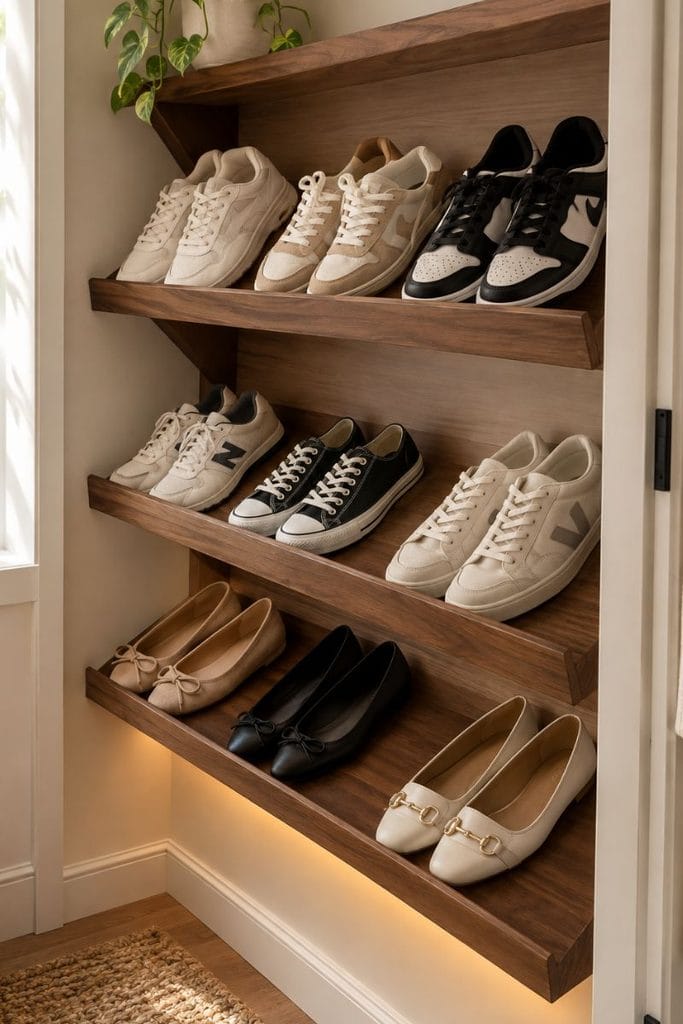 Angled walnut wall shelves showing a boutique style shoe storage ideas closet shelf design