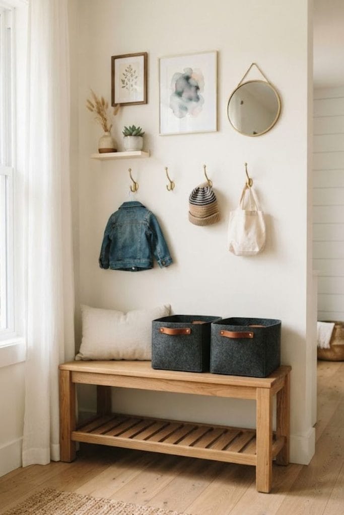 Oak entryway bench with felt bins and brass hooks, practical toy storage ideas