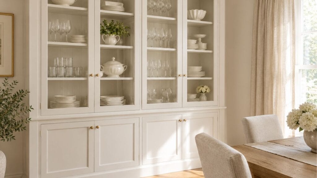 White built in china cabinet with glass doors displaying ivory dishes in a bright dining room