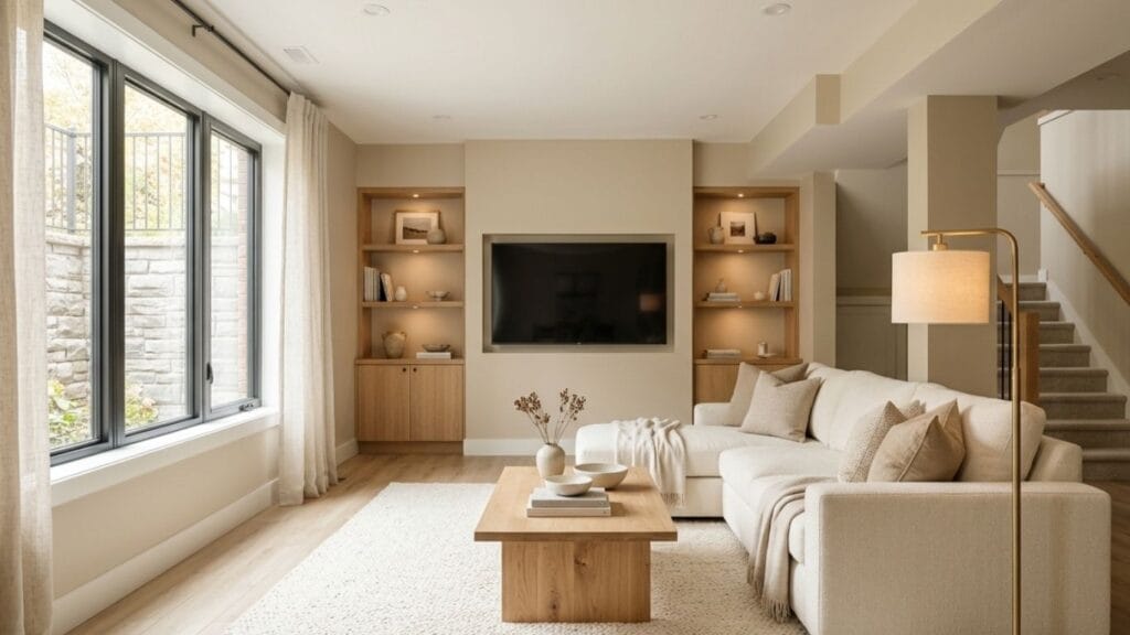 Basement living room ideas with a cozy cream sectional and warm neutral decor