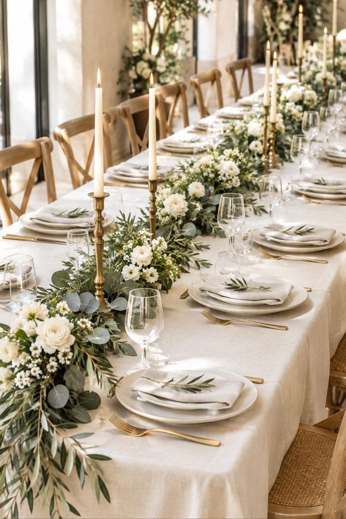 Wedding table decor with eucalyptus greenery, white flowers, ivory linen, and brass candles