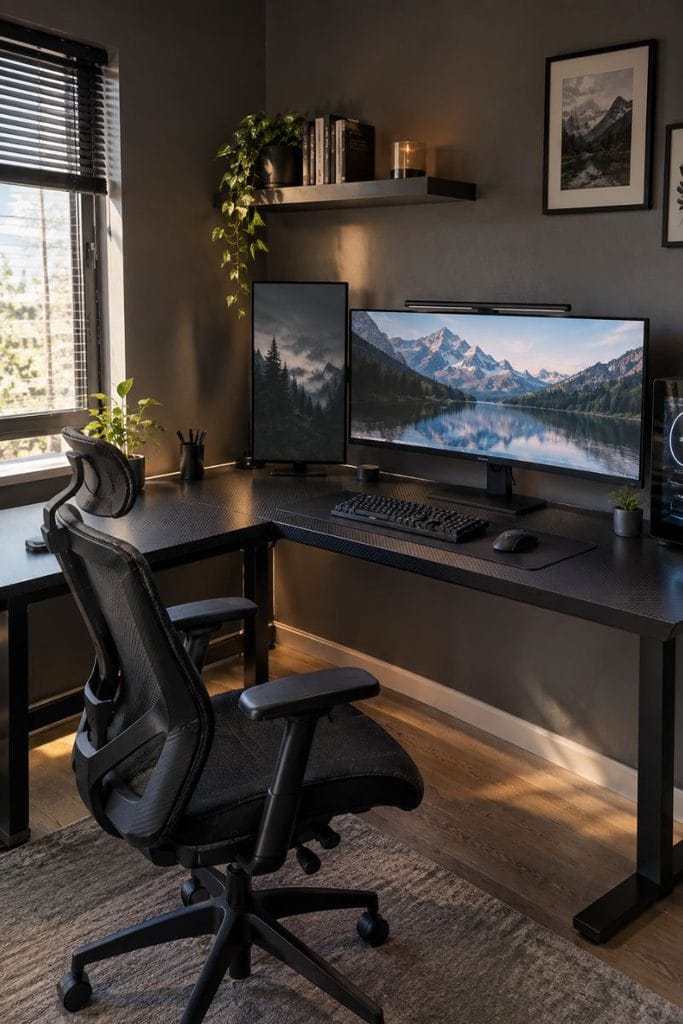  L-shaped corner desk with ultrawide monitor in a clean game room setup