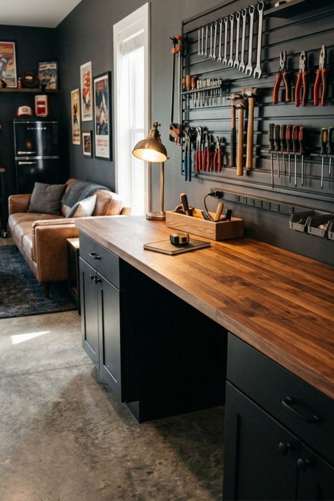 Built-in workbench with black cabinets and walnut counter in a man cave garage