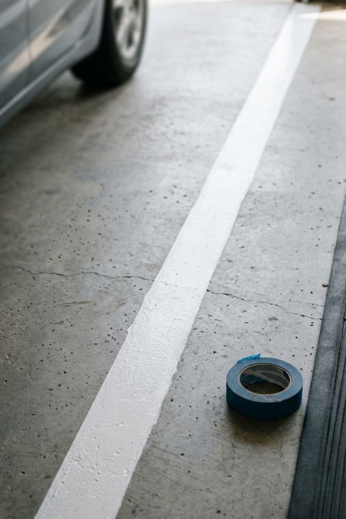 Half garage gym ideas with a white painted stripe separating the parking side from the gym side