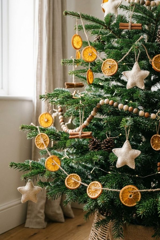 Dried orange slice garland on a natural Christmas tree with wooden beads and cinnamon sticks