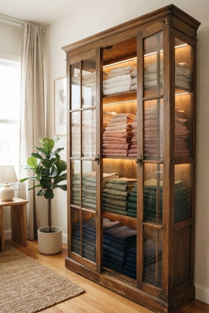 Glass front cabinet with folded fabric in a color gradient, an elegant fabric storage ideas display