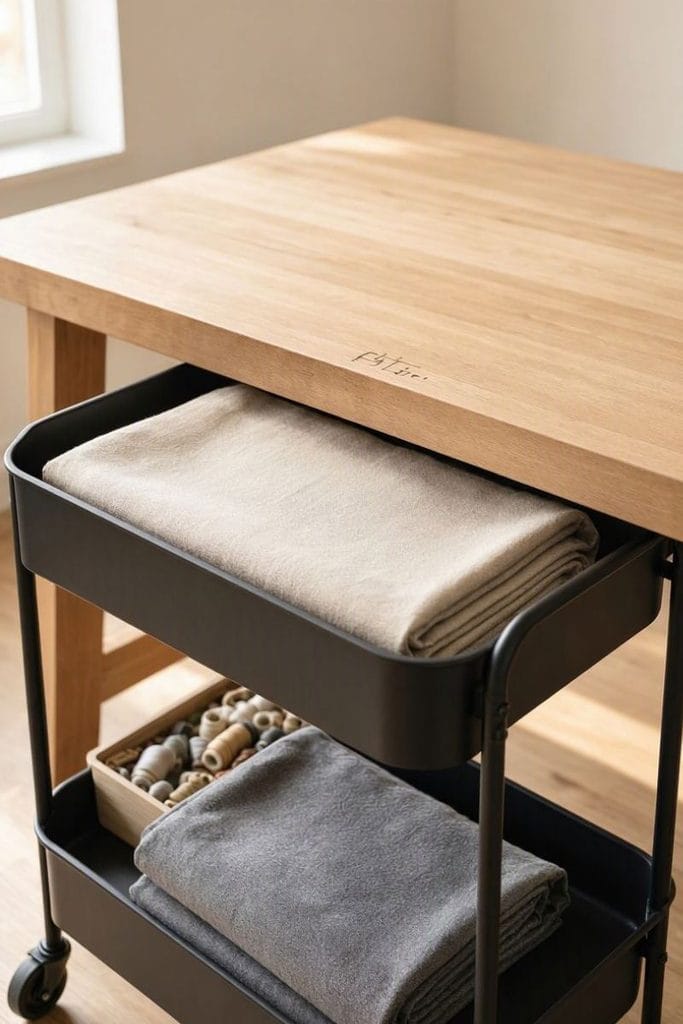 Black rolling cart under a cutting table holding fabric, a space saving fabric storage ideas pick
