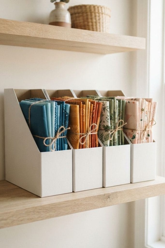  Fat quarter fabric bundles in white magazine files, budget friendly fabric storage ideas