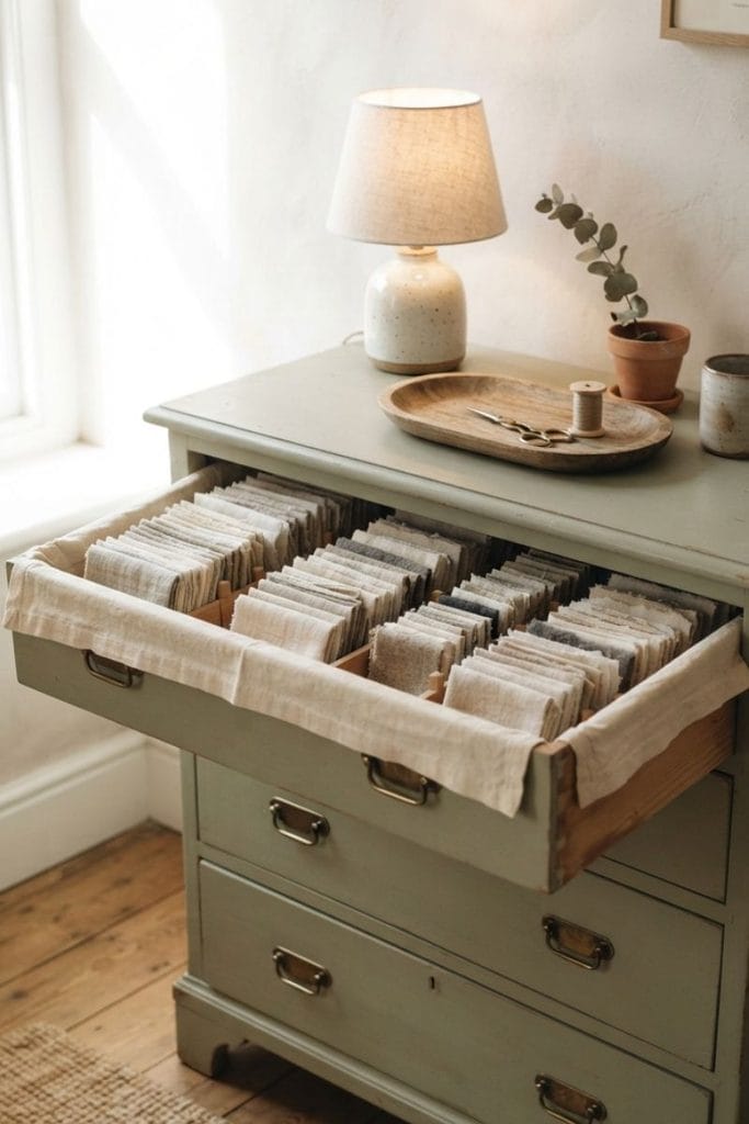 Vintage dresser drawer with fabric filed upright, a practical fabric storage ideas solution