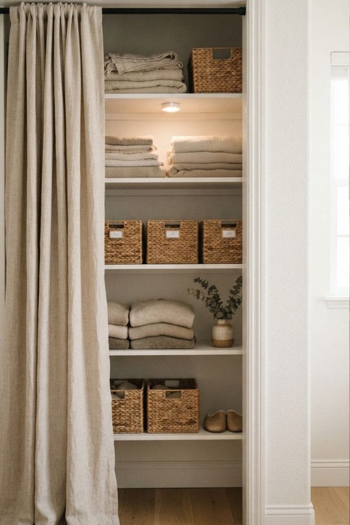 Closet with adjustable shelves and folded fabric behind linen curtain, closet fabric storage ideas