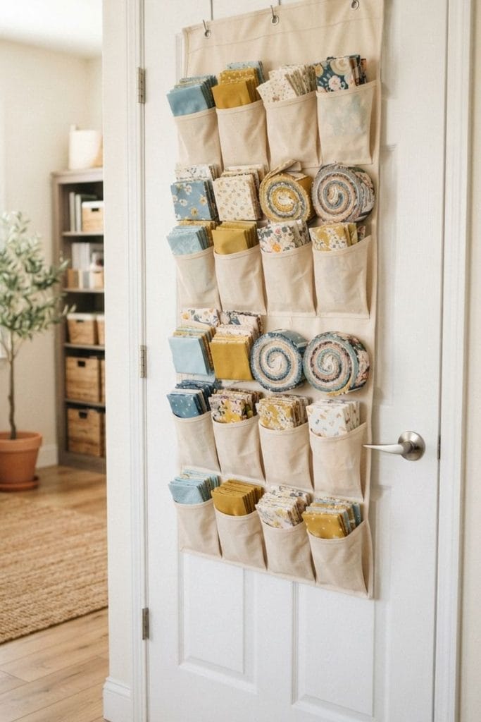Canvas over the door pocket organizer holding fabric bundles, easy rental fabric storage ideas