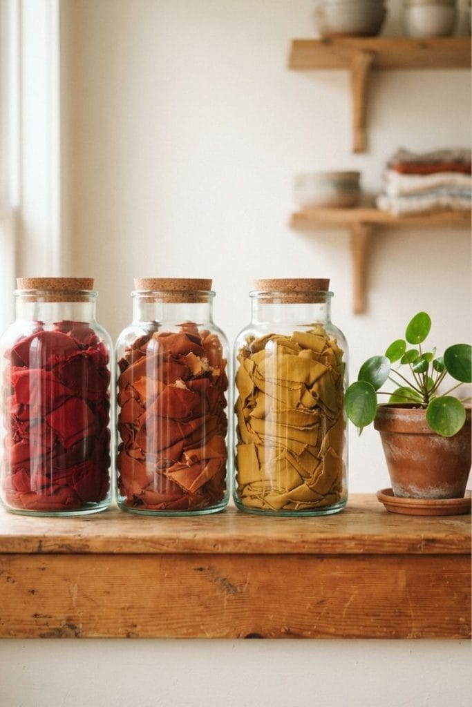  Glass apothecary jars filled with colorful fabric scraps, a pretty fabric storage ideas option
