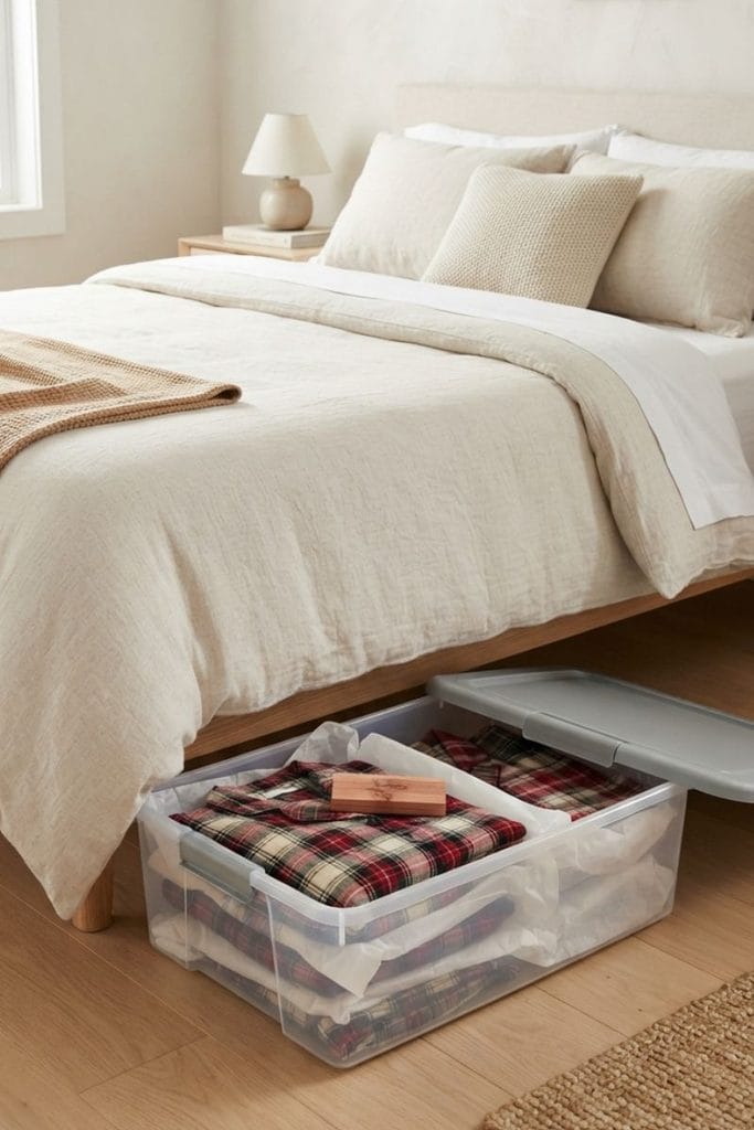 Low under bed bins with lids for seasonal fabric, smart fabric storage ideas for small rooms