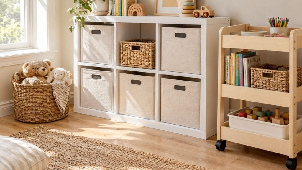 Neutral playroom with cube shelf and woven baskets showing toy storage ideas